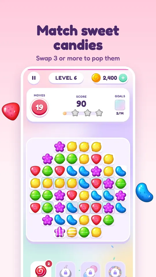 Match-3 board full of colorful candies with moves, score and goals