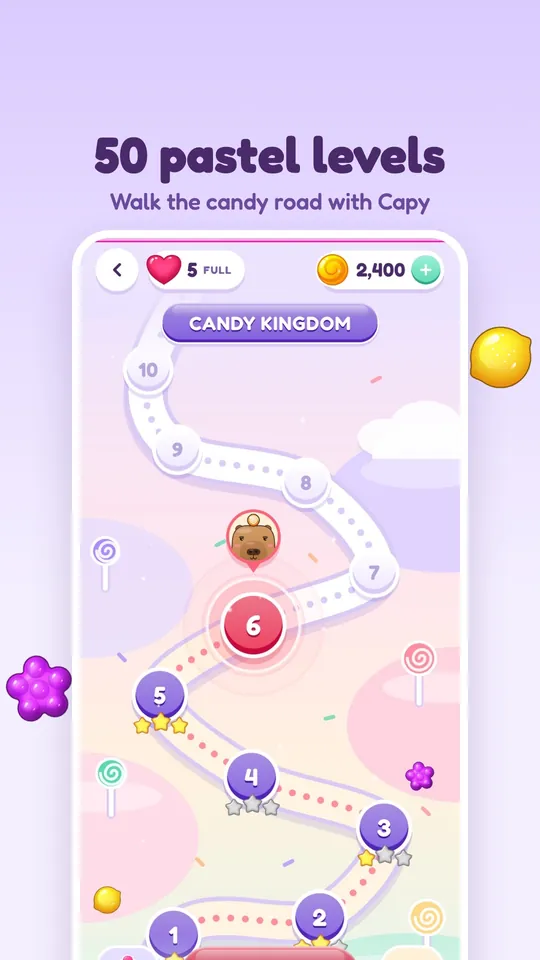 Pastel level map with Capy on the candy road