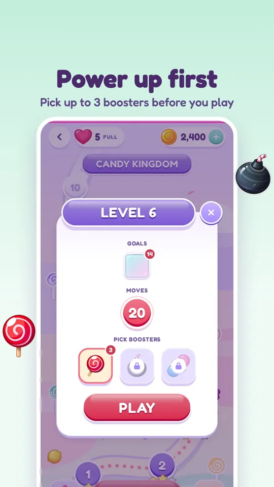 Level start popup with goals, moves and boosters to pick