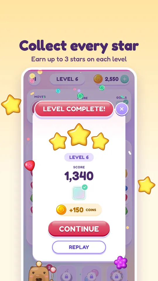 Level complete screen with three stars and coins earned