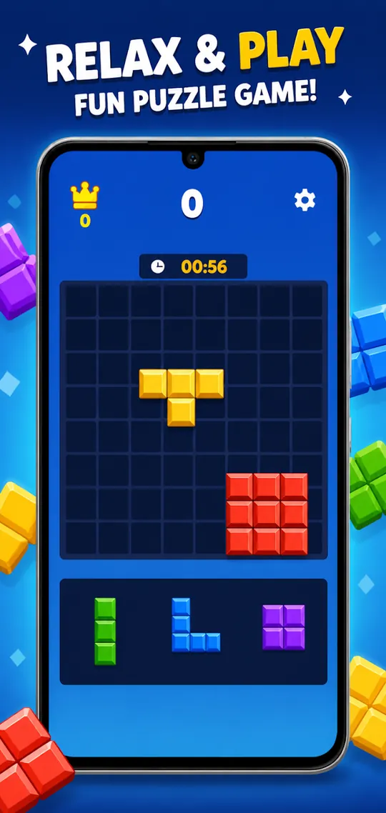 Classic board with a T-shaped block ready to drop into the grid