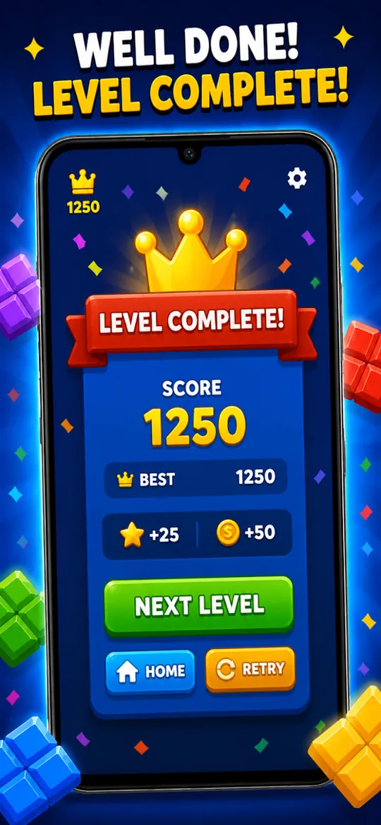 Level complete screen with score, best score and rewards