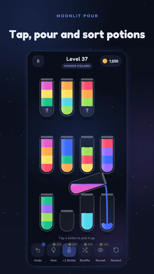 A glowing potion bottle pours its top color into another bottle on the puzzle board