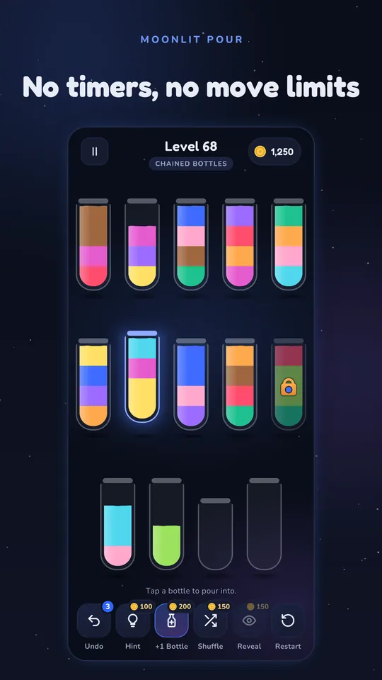 A puzzle board of glass bottles holding layers of many potion colors