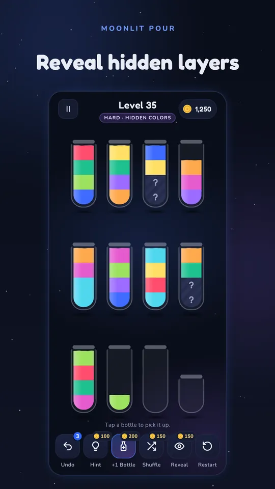 Bottles with striped hidden layers marked with question marks under the visible colors