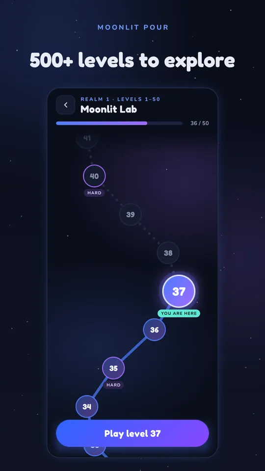 The level map: a winding path of levels through the Moonlit Lab realm