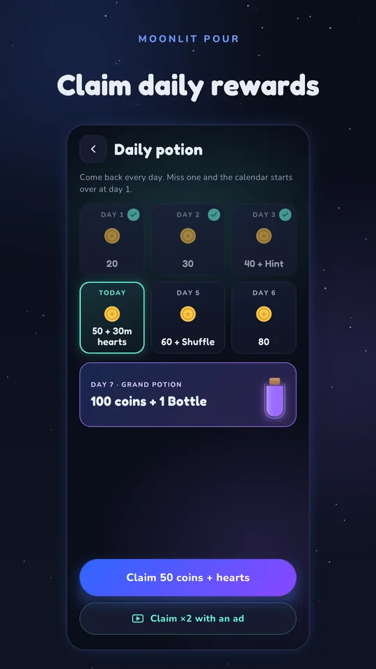 The daily reward calendar with seven days of coin and booster rewards
