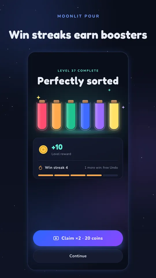 The win screen with coins earned and win streak progress