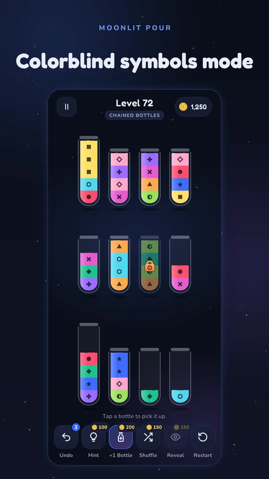 Potion layers marked with shapes such as circles, triangles and stars for colorblind play